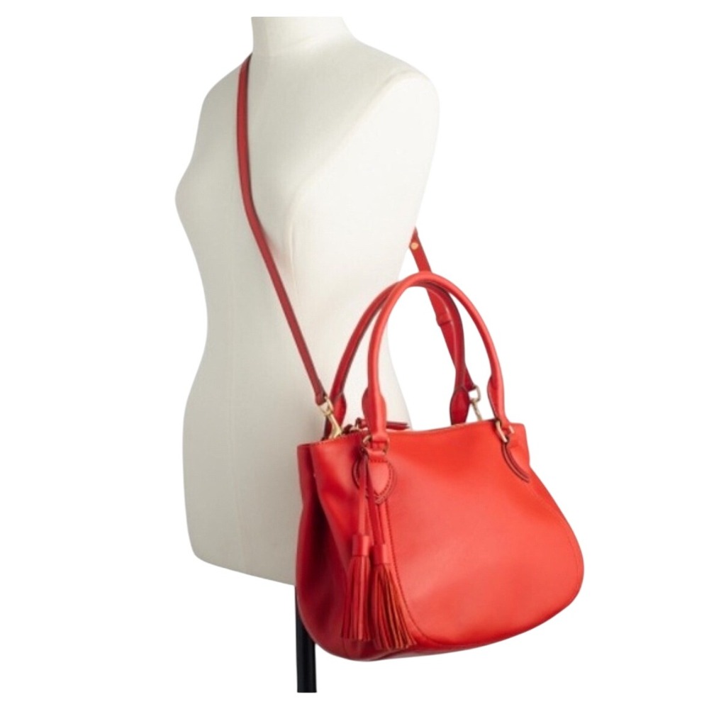 J.Crew Peyton smooth leather Satchel Crossbody Bag Red l Tassel Removable‎ Strap